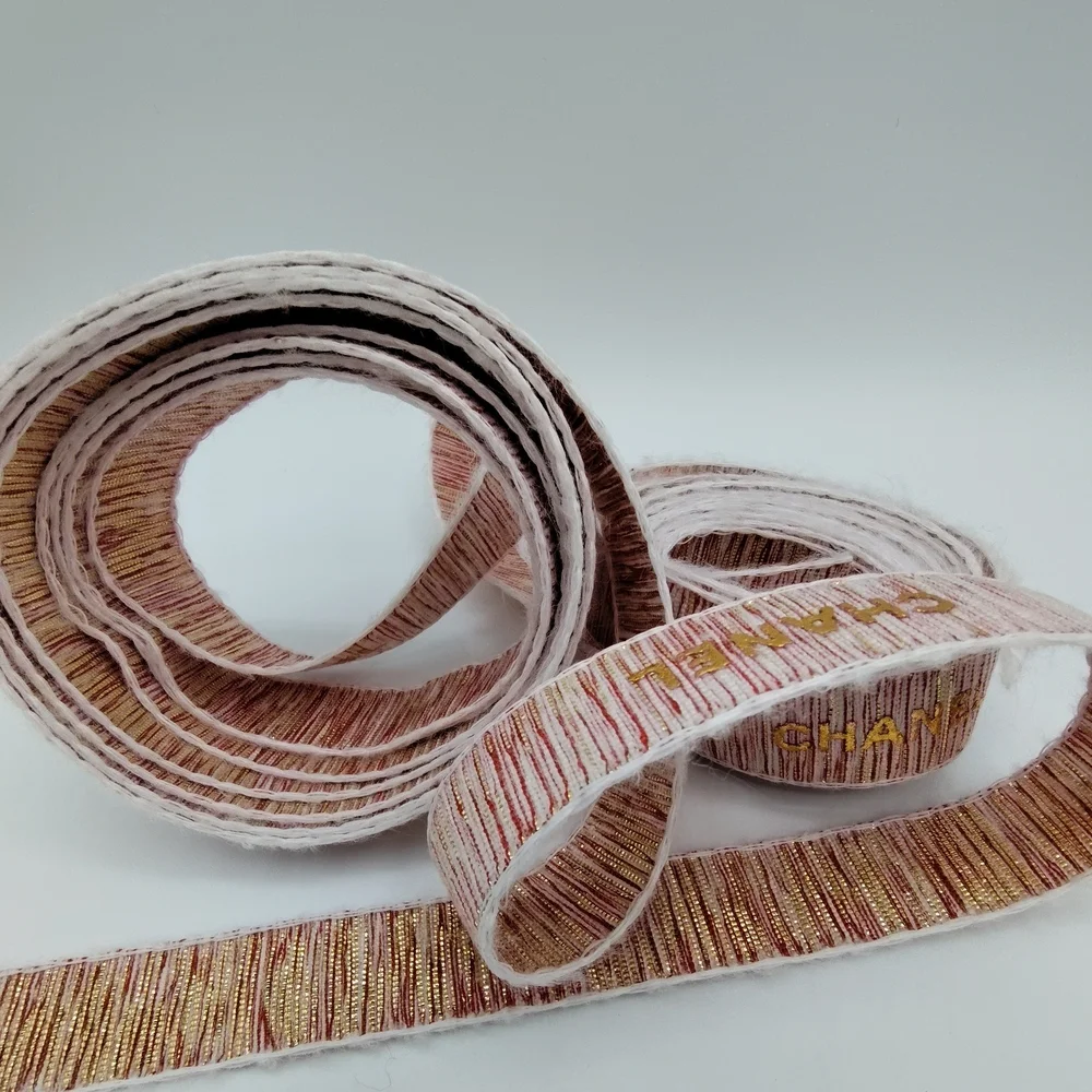 CHANEL Metallic Woven Ribbon Pink Ivory Gold Reversible Two (2) Yards